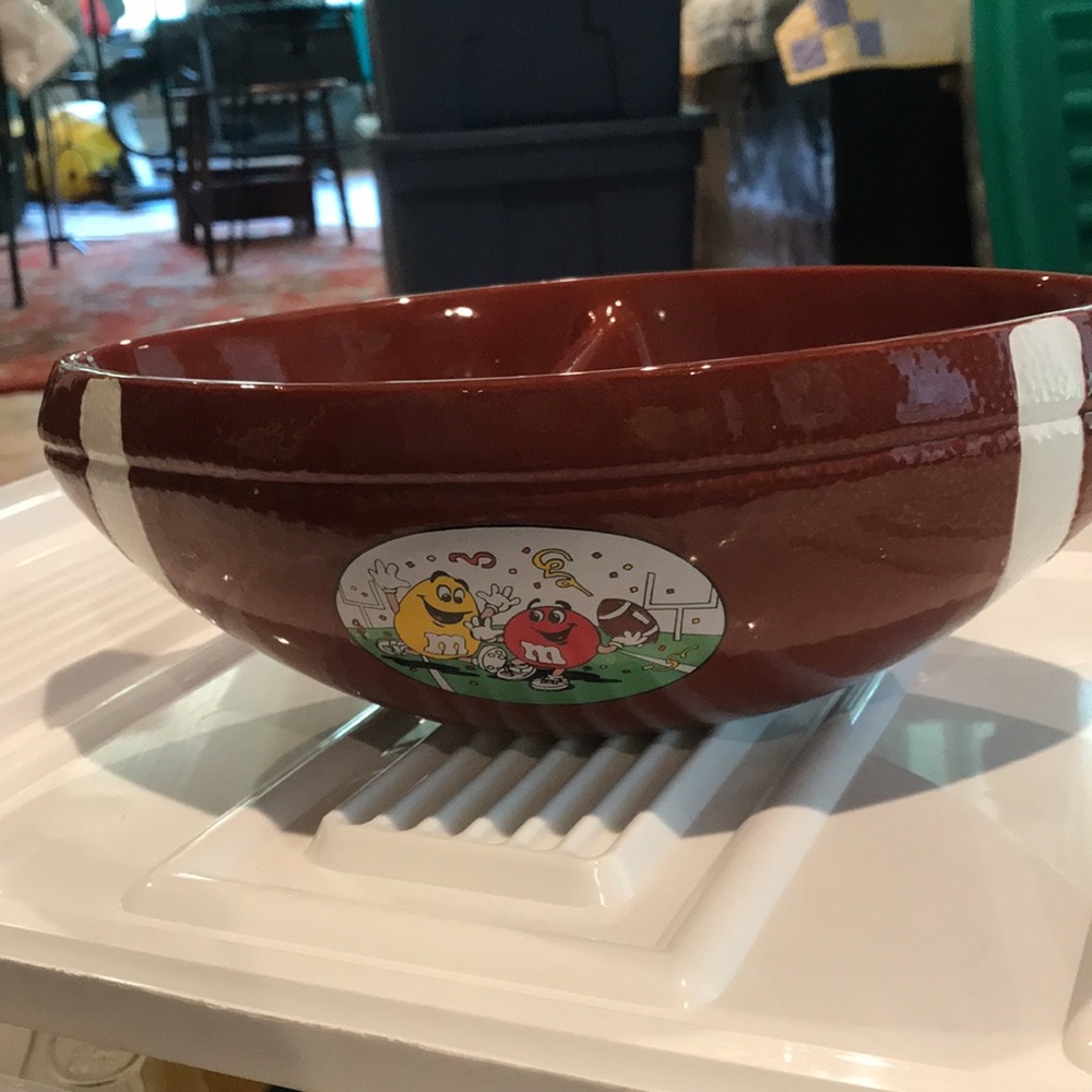 M&M Football Shaped Ceramic Candy Dish Divided Bowl w/ M&M's Design 1980’s